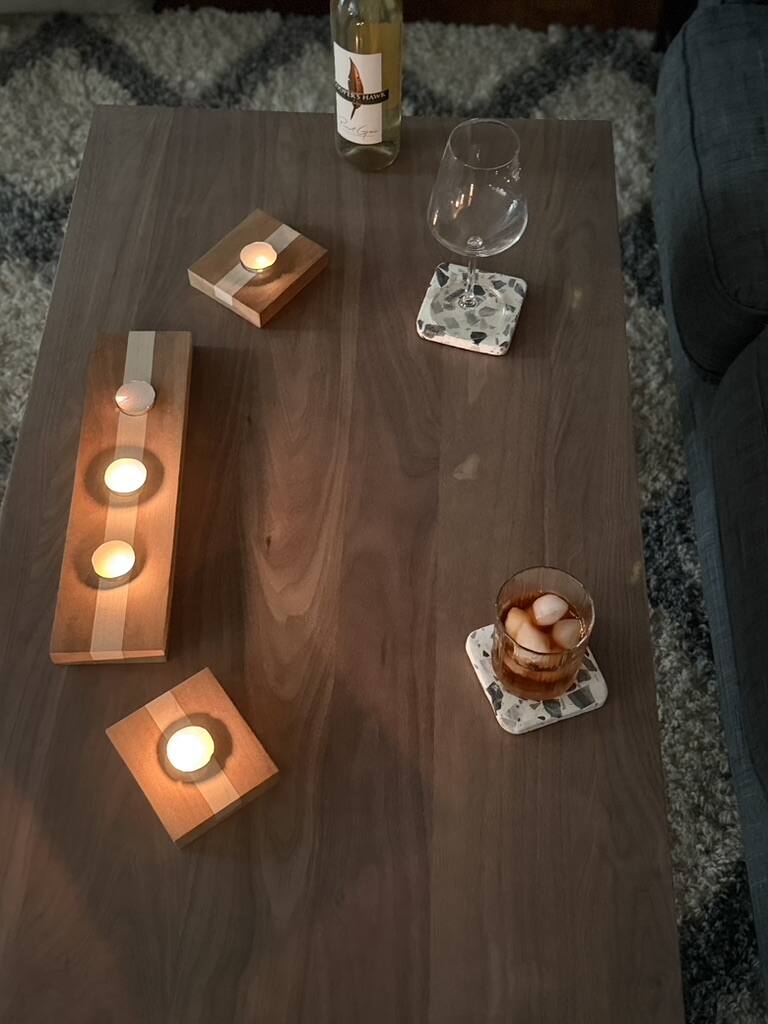 Custom walnut end table with tealight holders, handcrafted in Indiana