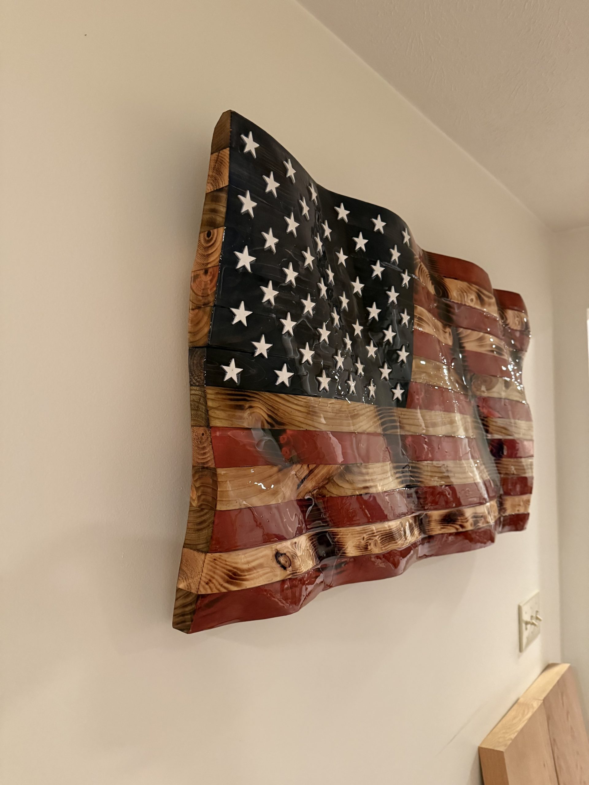 Custom wavy American flag, handcrafted from wood by Made by the Middletons