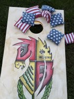 Custom Cornhole Set – Example 1: Custom Crest Artwork – custom handcrafted by Made by the Middletons, Indiana (photo 2)