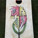 Custom Cornhole Set – Example 1: Custom Crest Artwork – custom handcrafted by Made by the Middletons, Indiana (photo 1)