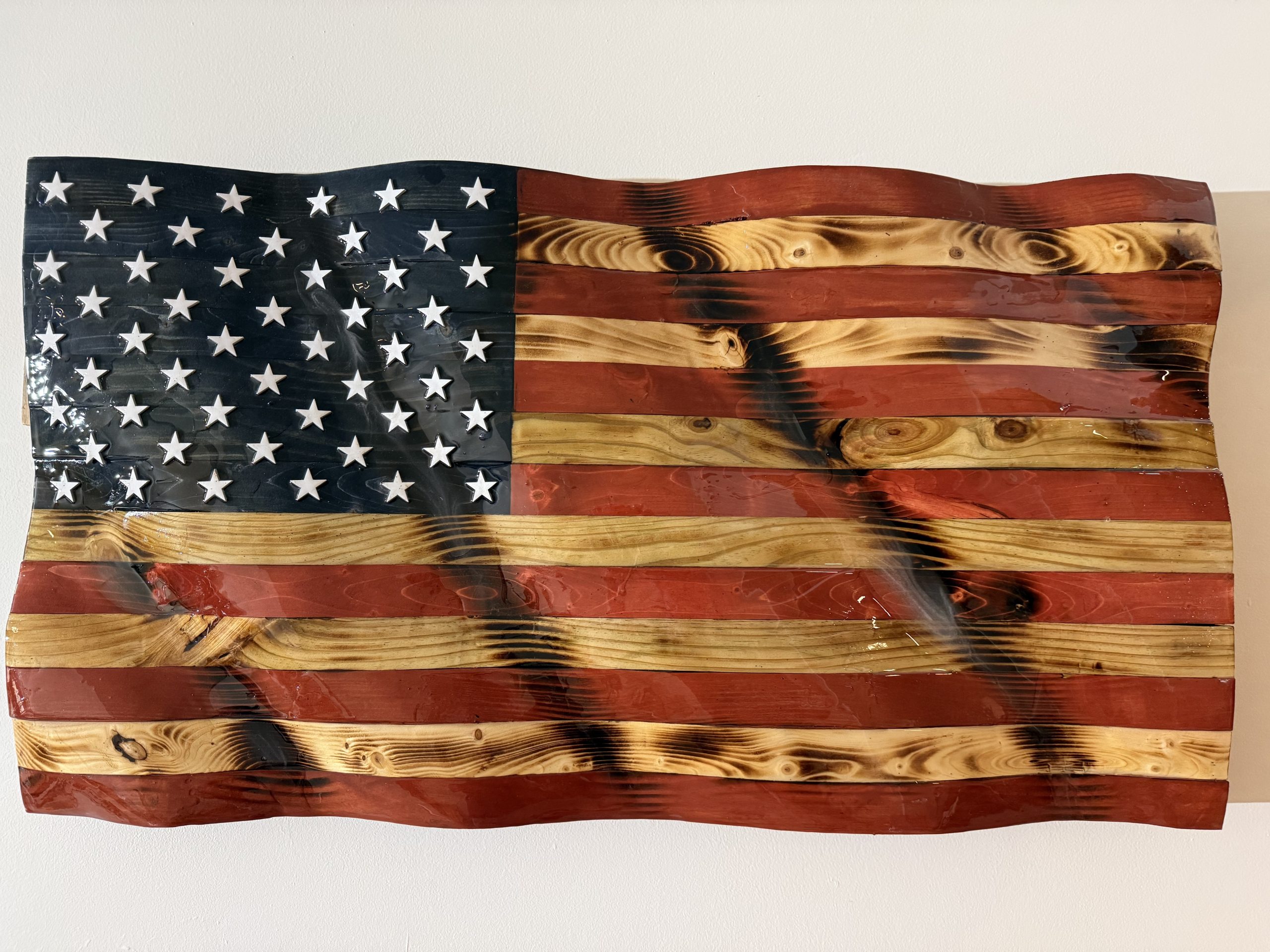 Custom wooden wavy American flag, hand built in Indiana